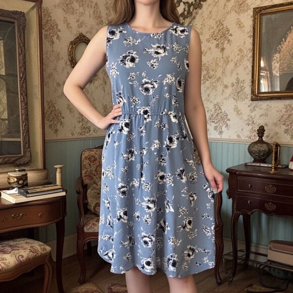 Vintage Dresses & Skirts - Vintage S.L. Petites Chic Chambray Floral Print Knee Length Dress Size 14